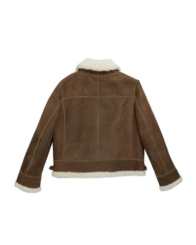 Shop Brunello Cucinelli Girl's Shearling Zip Front Jacket W/ Monili Trim In Brown