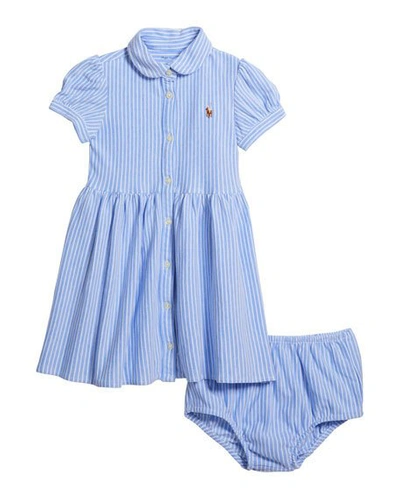 Polo Ralph Lauren Yarn-dyed Oxford Mesh Stripe Dress W/ Matching Bloomers In Blue