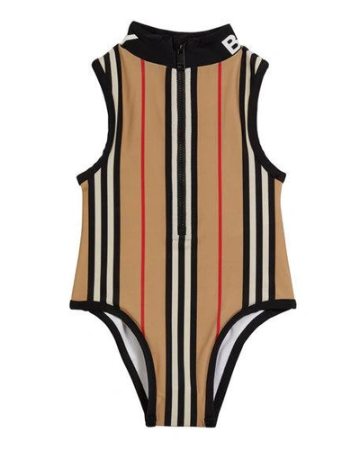 Shop Burberry Girl's Siera Archive Stripe One-piece Swimsuit In Beige