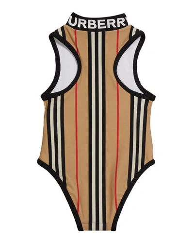 Shop Burberry Girl's Siera Archive Stripe One-piece Swimsuit In Beige