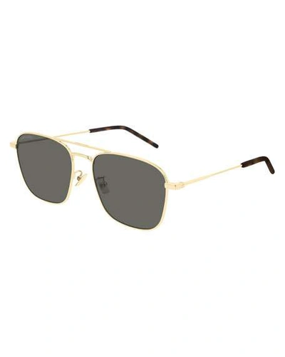 Shop Saint Laurent Men's Square Metal Double-bridge Sunglasses In Gold