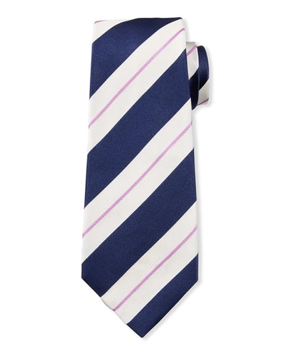 Shop Kiton Large Stripe Silk Tie In Navy