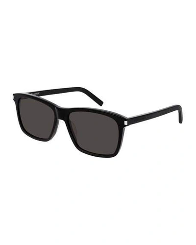 Shop Saint Laurent Men's Rectangle Solid Acetate Sunglasses In Black