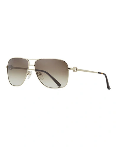 Shop Ferragamo Men's Signature Metal Navigator Sunglasses In Shiny Gold