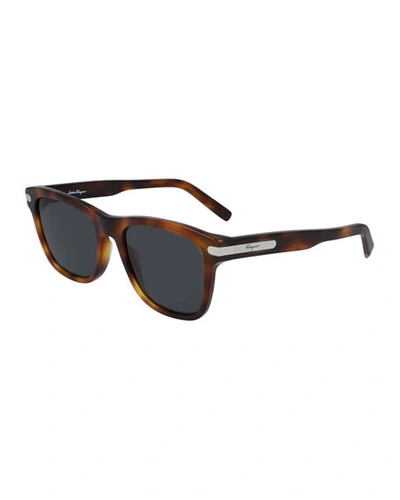 Shop Ferragamo Men's Classic Logo Square Sunglasses W/ Metal Detail In Brown