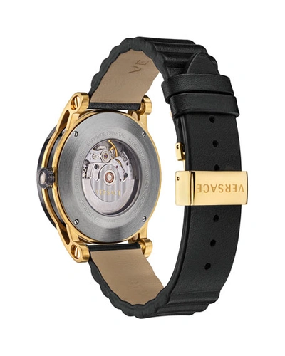 Shop Versace Men's 42mm Automatic Textured-stripe Leather Watch In Black