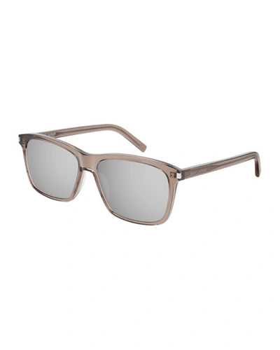 Shop Saint Laurent Men's Mirrored Translucent Rectangle Sunglasses In Brown