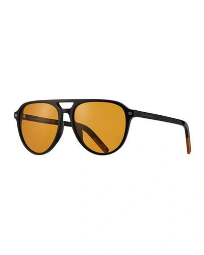 Shop Ermenegildo Zegna Men's Solid Double-bridge Aviator Sunglasses In Black