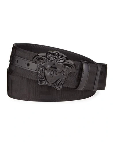 Shop Versace Men's Tonal Medusa/greek Key Web Belt In Black