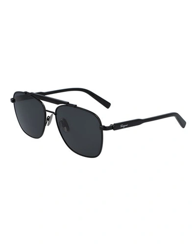 Shop Ferragamo Men's Classic Logo Navigator Sunglasses In Black