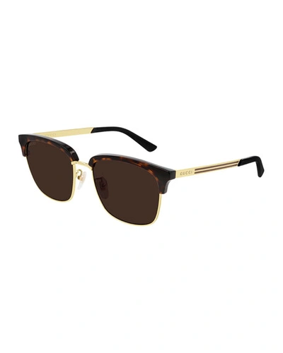 Shop Gucci Men's Half-rim Havana Acetate/metal Sunglasses