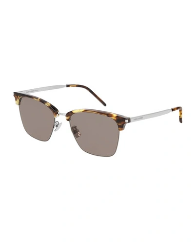 Shop Saint Laurent Men's Half-rim Havana Acetate/metal Sunglasses