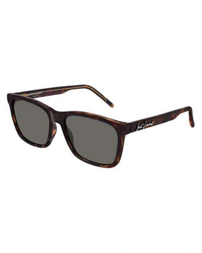 Shop Saint Laurent Men's Square Tortoiseshell Acetate Sunglasses In Brown Pattern