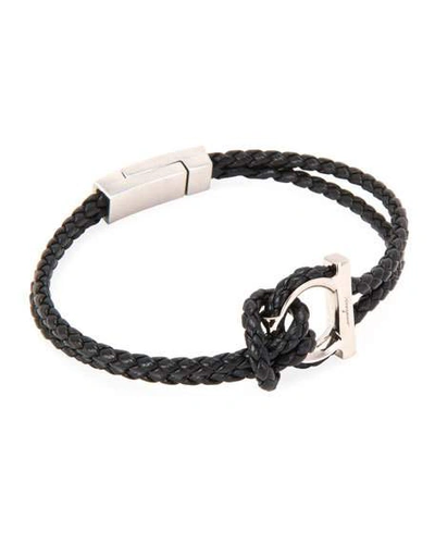 Shop Ferragamo Men's Gancio Braided Leather Rope Bracelet In Black