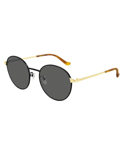 Shop Gucci Men's Slim Round Two-tone Metal Sunglasses In Black