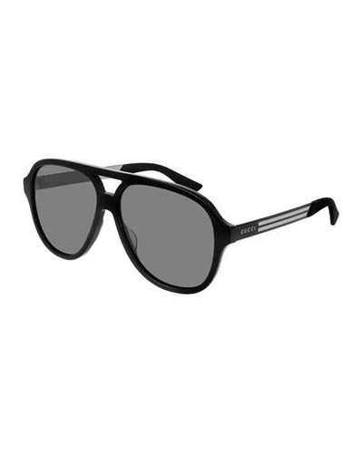 Shop Gucci Men's Aviator Logo Sunglasses In Black