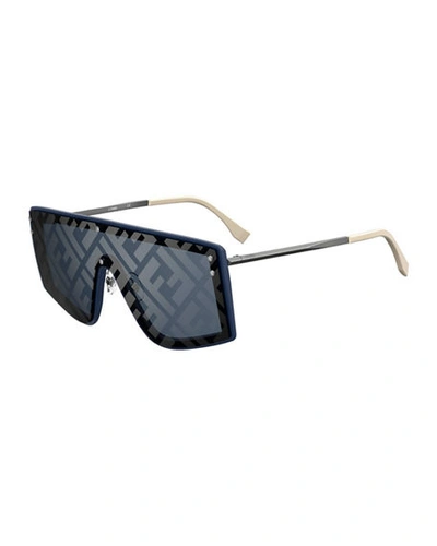 Shop Fendi Men's Mirrored Ff-monogram Shield Sunglasses In Blue