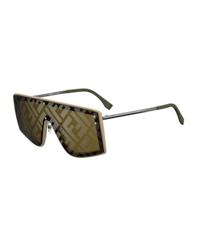 Shop Fendi Men's Mirrored Ff-monogram Shield Sunglasses In Beige