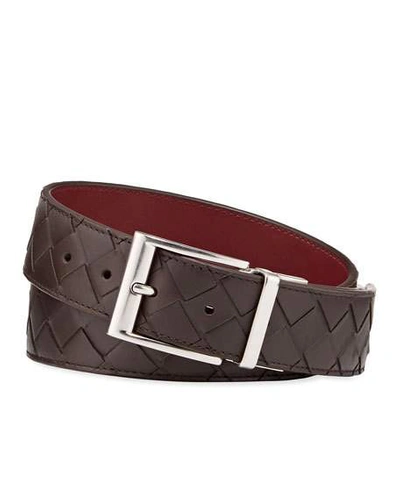Shop Bottega Veneta Men's Cintura Reversible Intrecciato Leather Belt In Brown Pattern