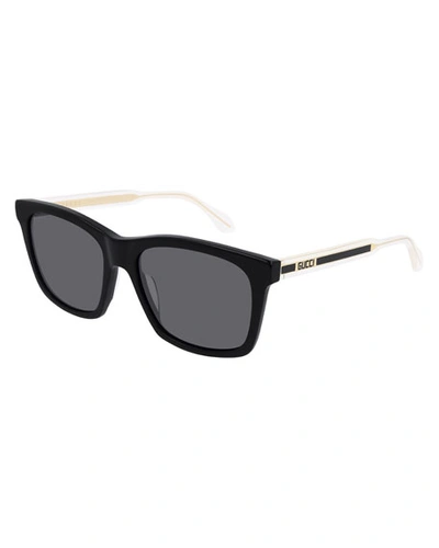 Shop Gucci Men's Square Solid/translucent Acetate Logo Sunglasses In Black