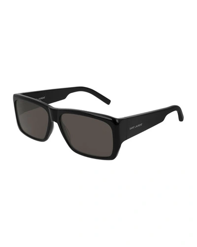 Shop Saint Laurent Unisex Lenny Solid Acetate Rectangle Sunglasses In Black