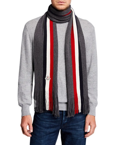 Shop Moncler Men's Tricolor Logo-patch Wool Scarf In Charcoal