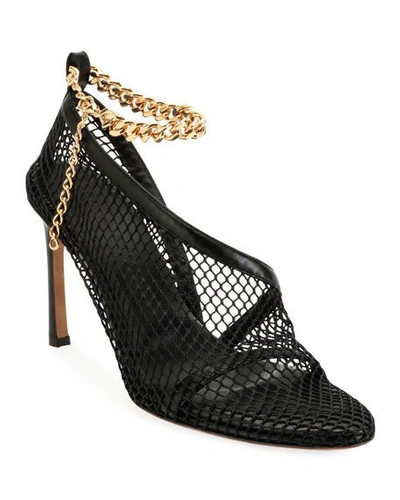 Shop Bottega Veneta 95mm Mesh/leather Pumps With Ankle Chain In Black