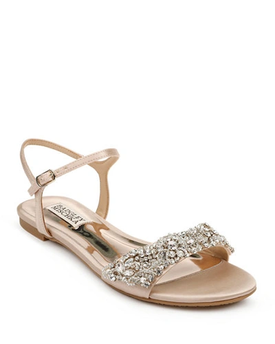 Shop Badgley Mischka Carmella Bejeweled Silk Flat Sandals In Latte