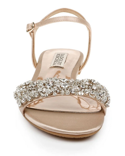 Shop Badgley Mischka Carmella Bejeweled Silk Flat Sandals In Latte