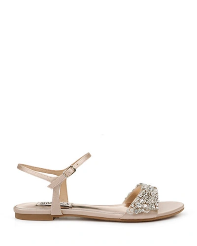 Shop Badgley Mischka Carmella Bejeweled Silk Flat Sandals In Latte