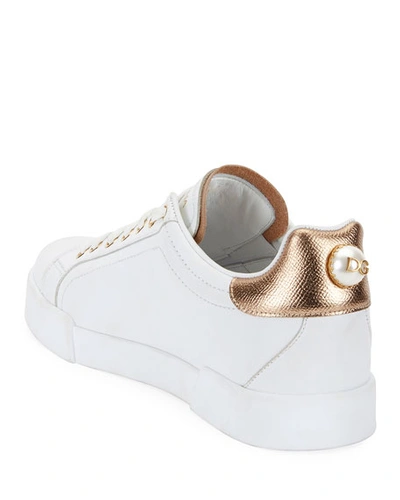 Shop Dolce & Gabbana Portofino Leather Sneakers In White/gold