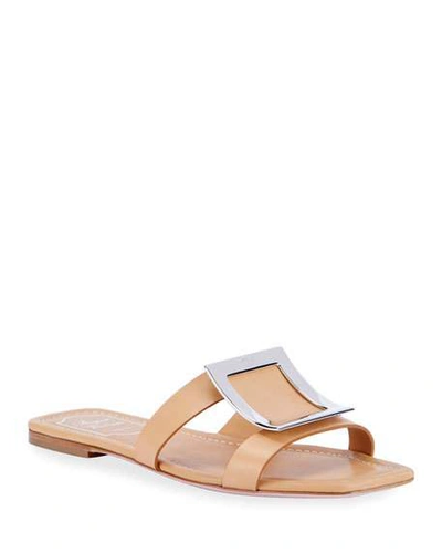 Shop Roger Vivier Biki Viv' Flat Leather Buckle Sandals In Brown