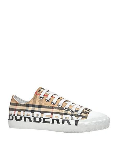 Burberry Logo-print Checked Cotton-canvas Sneakers In Beige | ModeSens