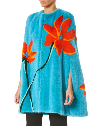 Shop Carolina Herrera Intarsia Mink Fur Cape In Blue Pattern