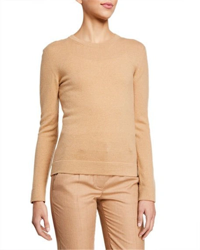 Shop Agnona Cashmere Crewneck Sweater With Tubular Trim In Camel