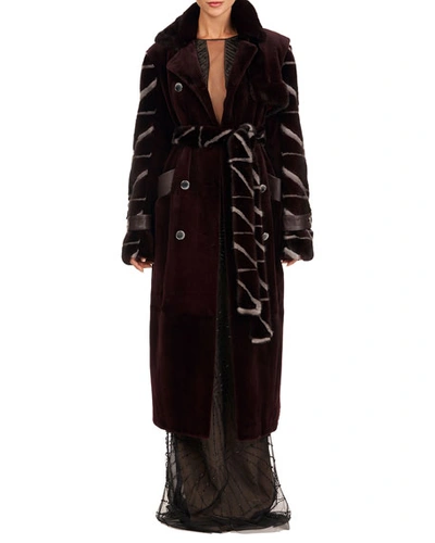 Shop Burnett Ny Sheared Mink Fur Coat W/ Intarsia Sleeves & Self Belt In Multi