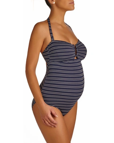 Shop Pez D'or Maternity San Marino Textured Striped One-piece Swimsuit In Navy/white