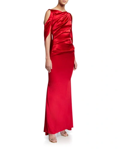 Shop Talbot Runhof Ponceau High-neck Draped Bodice Shiny & Matte Crepe Satin Evening Gown In Red