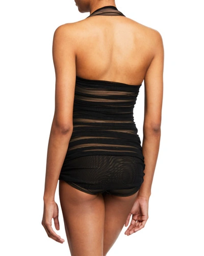 Shop Norma Kamali Bill Mio Ruched Mesh One-piece Swimsuit In Black Mesh