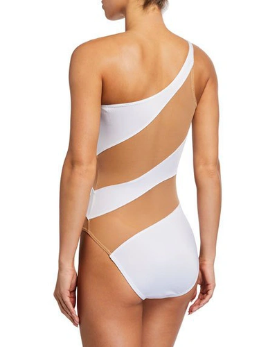 Shop Norma Kamali Mio Snake Mesh One-piece Swimsuit In White