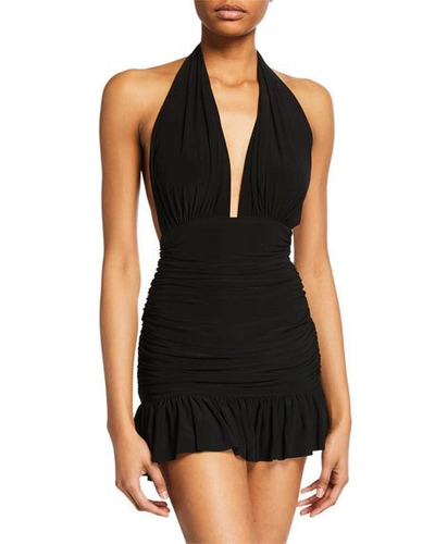 Shop Norma Kamali Ruffle Halter Mio One-piece Swimdress In Black