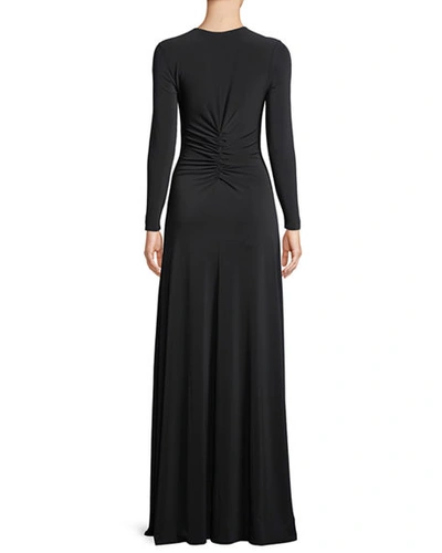 Shop Halston Heritage Long-sleeve Ruched-front V-neck Gown In Black