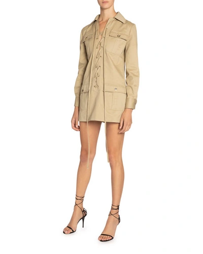 Shop Saint Laurent Long-sleeve Lace-up Four-pocket Mini Cotton Twill Dress In Beige