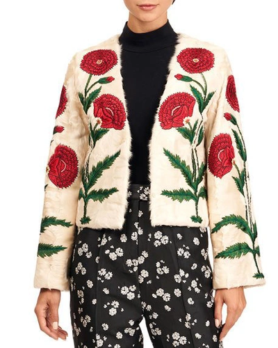 Shop Oscar De La Renta Lamb Fur Jacket With Poppy Embroidery In Beige