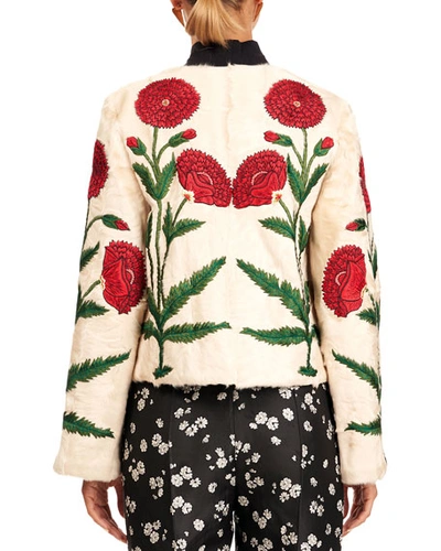 Shop Oscar De La Renta Lamb Fur Jacket With Poppy Embroidery In Beige