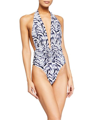 Shop Norma Kamali Marissa Halter Slinky One-piece Swimsuit In Chevron Zebr