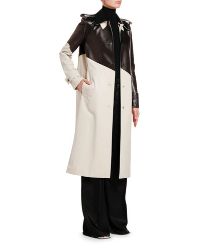 Shop Bottega Veneta Asymmetric Colorblocked Trench Coat In Brown Pattern