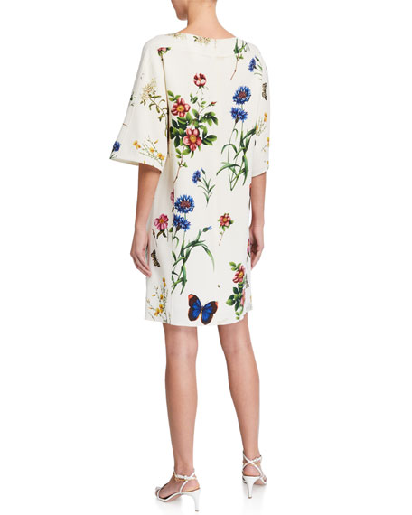 Oscar De La Renta Floral-pattern 3/4-sleeve Day Dress In Ivory | ModeSens