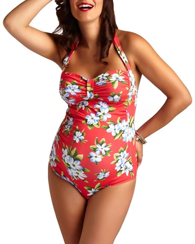 Shop Pez D'or Maternity Maui Hibiscus-printed Halter-neck One-piece Swimsuit In Coral/multi