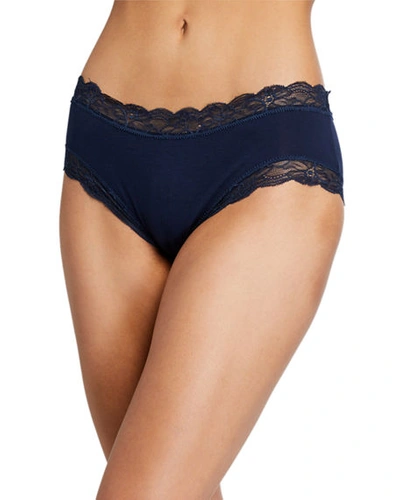 Shop Hanro Cotton Lace Hipster Briefs In Deep Navy